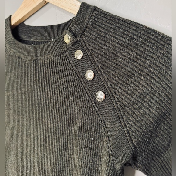 Ribbed Sweater Button-Trim Cotton-Blend Knit Long Sleeve Top Hunter green SZ XS - Picture 10 of 16